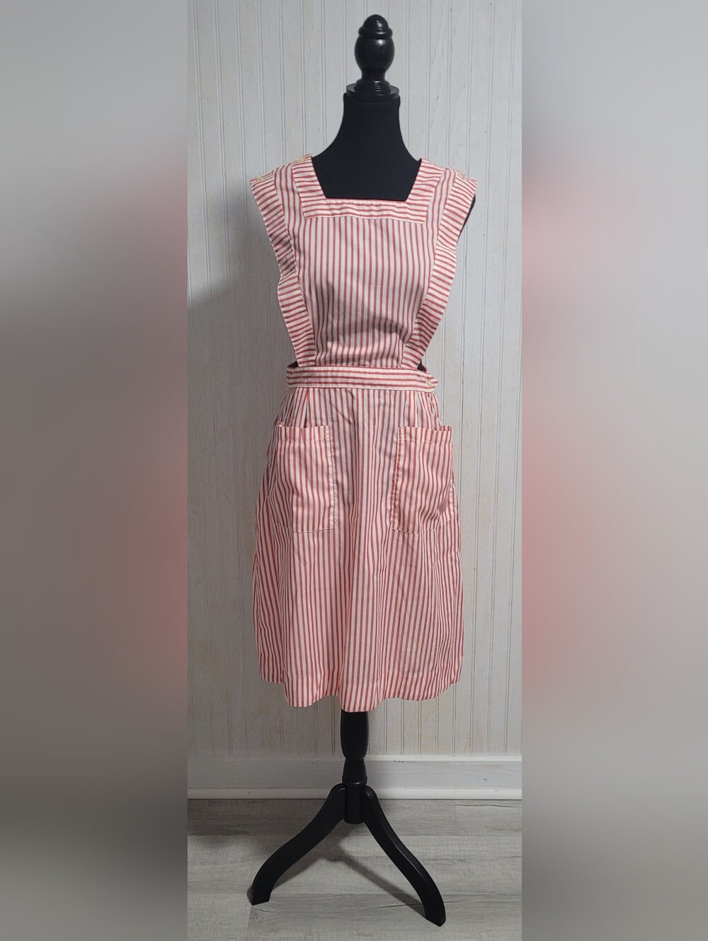 VTG Angelica Candy Striper Nurse Apron Pinafore Dress Uniform Red Striped Sz 14